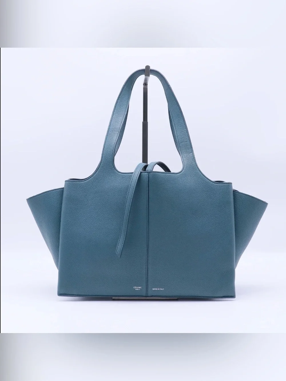 Celine Teal Blue Pebbled Leather Medium Trifold Tote